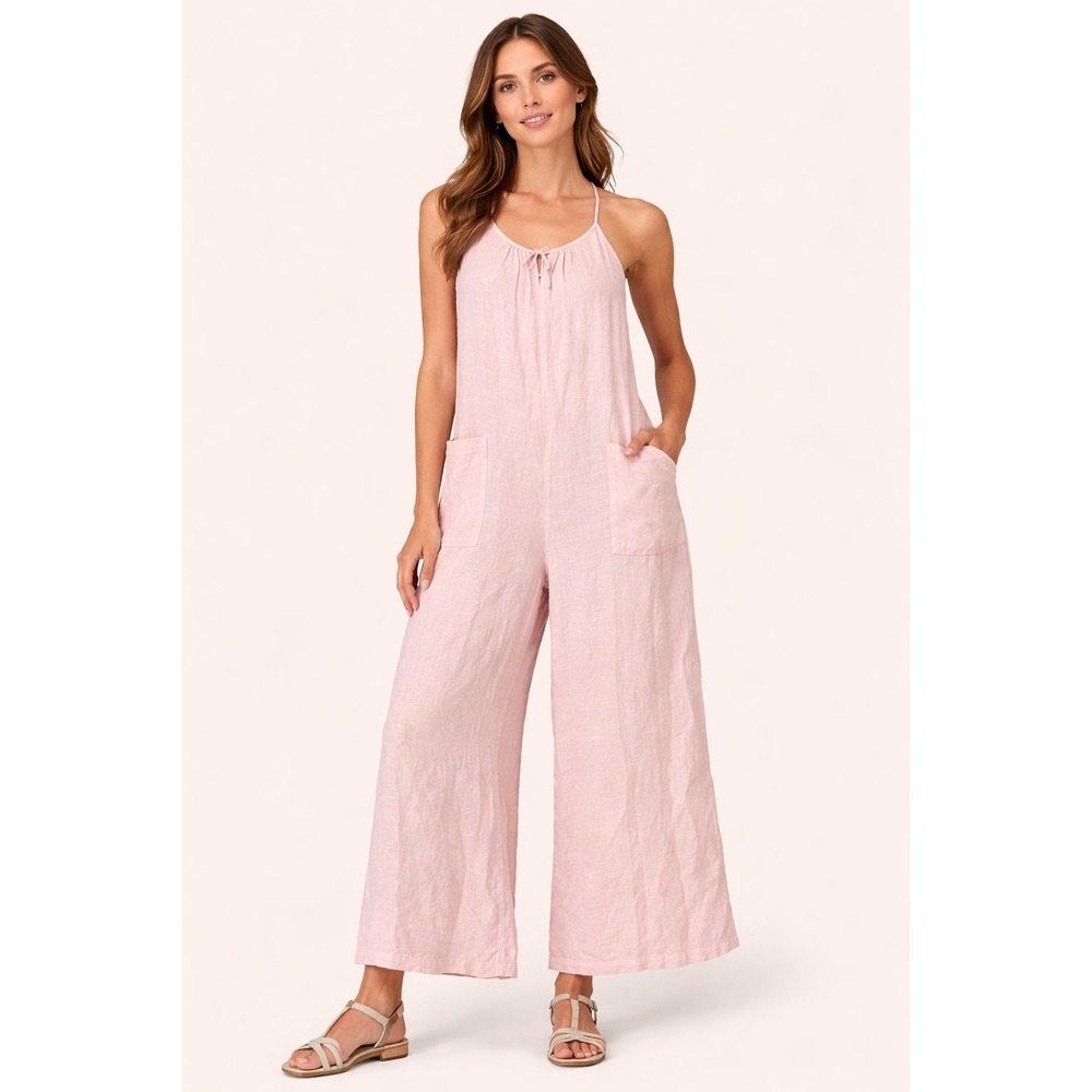 Puro Lino Italy Pink 100% Linen Wide Leg‎ Halter Jumpsuit NWT CS13187